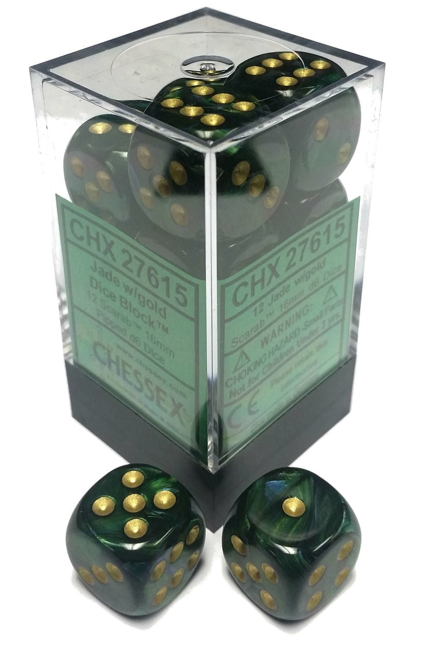Scarab: 16mm D6 Jade/Gold/Black (12)